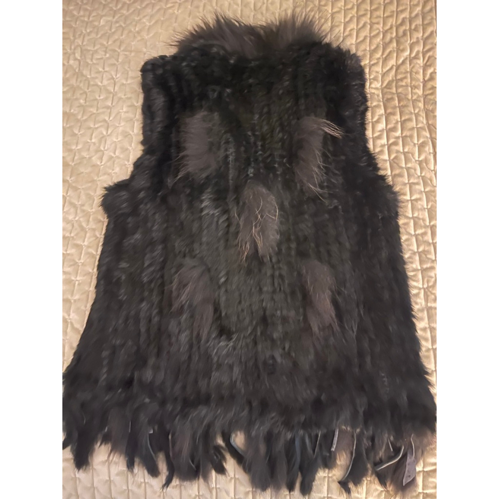Tourance Genuine Rabbit Fur Vest w/ Long Hair Fur Trim Black Size M - Picture 8 of 8